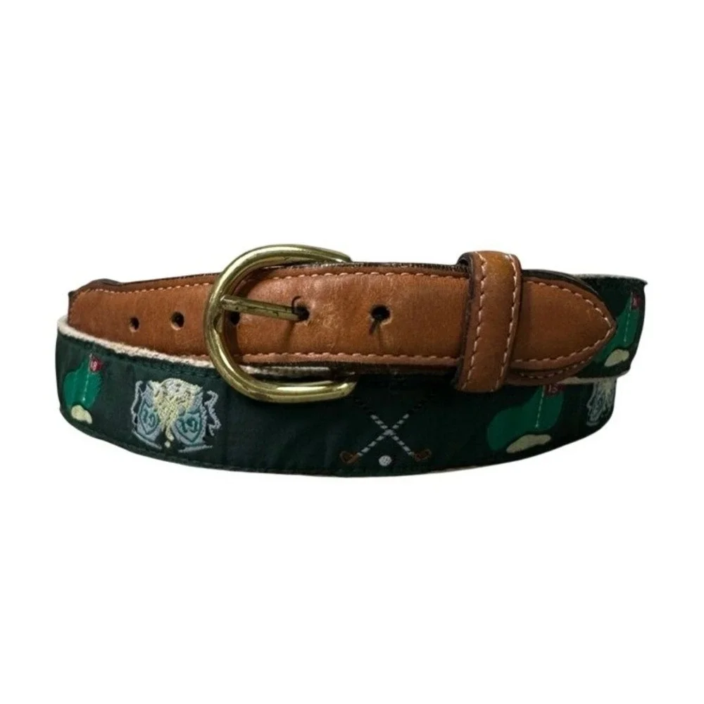 Barrons-Hunter Golf Motif Canvas Leather Belt Green Tan Solid Brass Buckle USA
